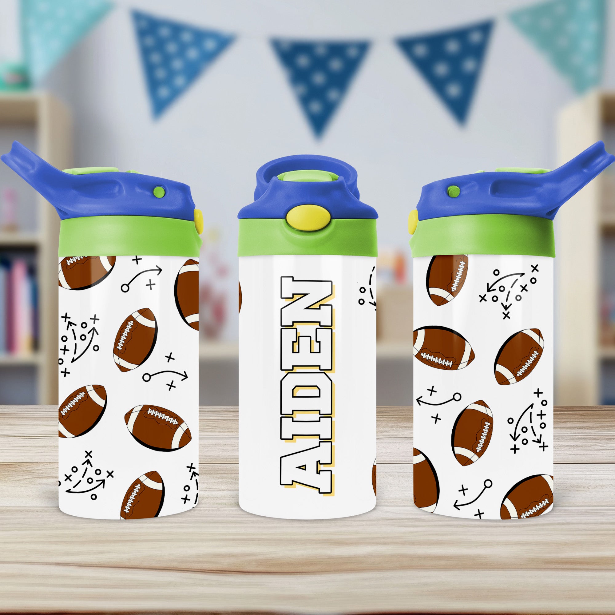 This custom football sippy tumbler with name is perfect for back-to-school hydration.