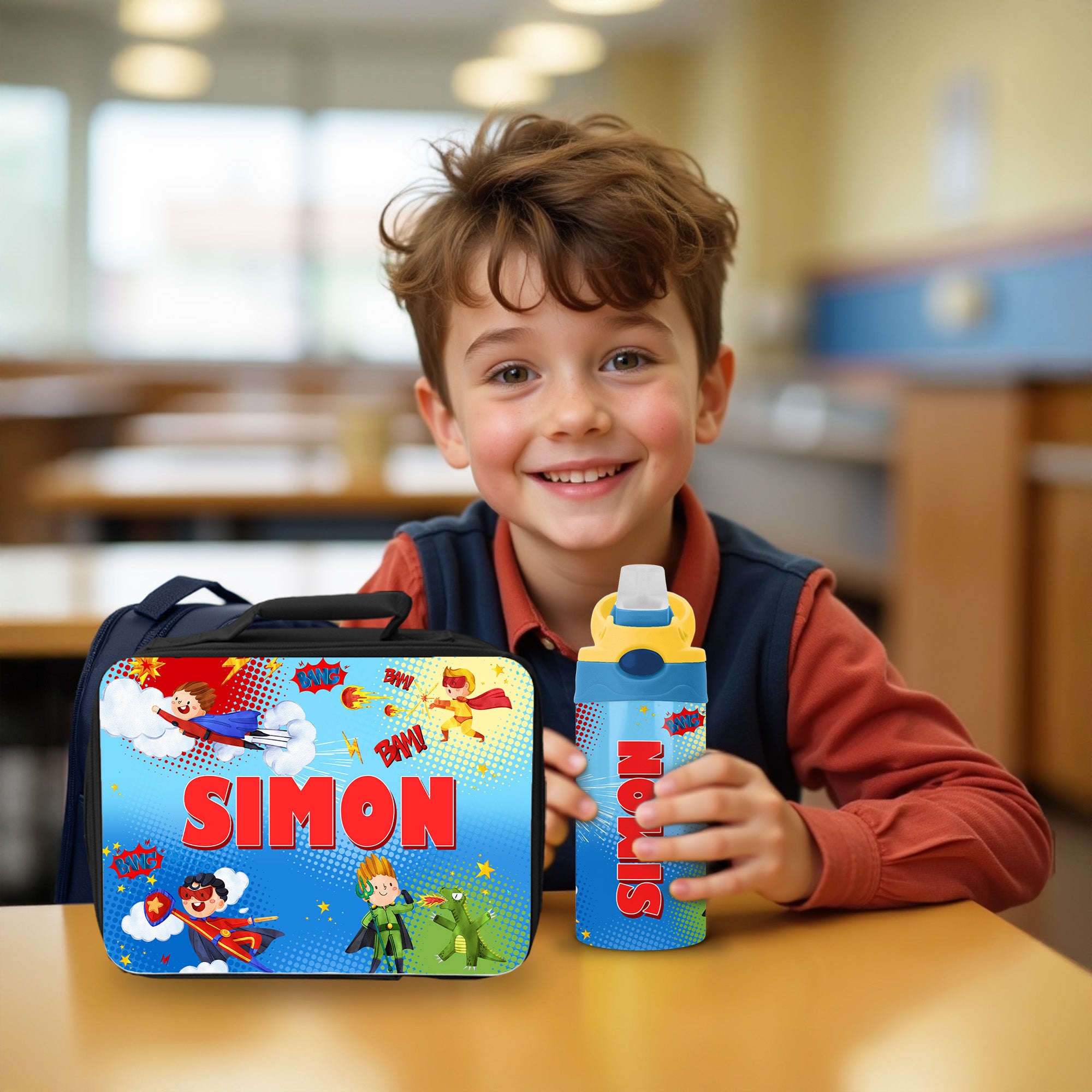 Custom superhero lunch set with name, perfect for kids personalized supplies, and first day of school gifts.
