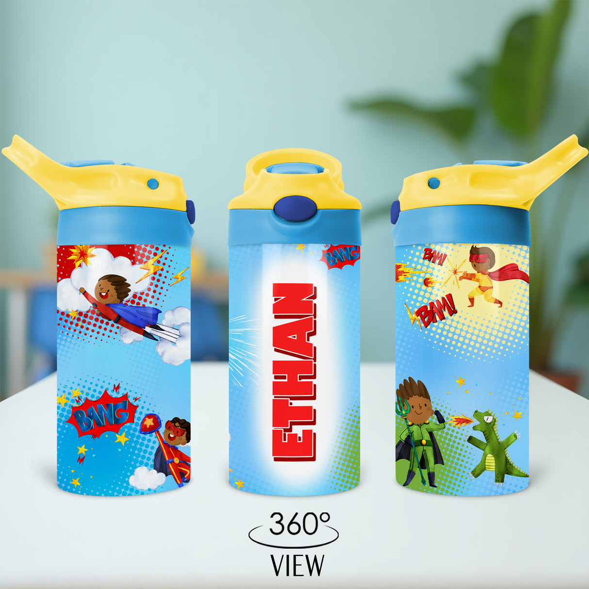 Superhero-themed personalized water bottle for kids, perfect for back to school gifts.