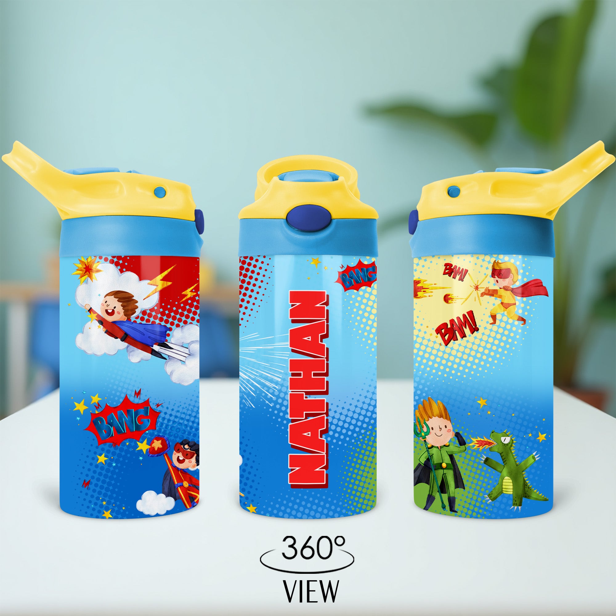 Superhero-themed personalized water bottle for kids, perfect for back to school gifts.