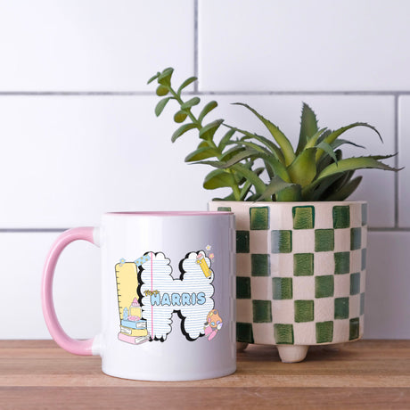 Teacher appreciation week mug with personalized bubble monogrammed design. 