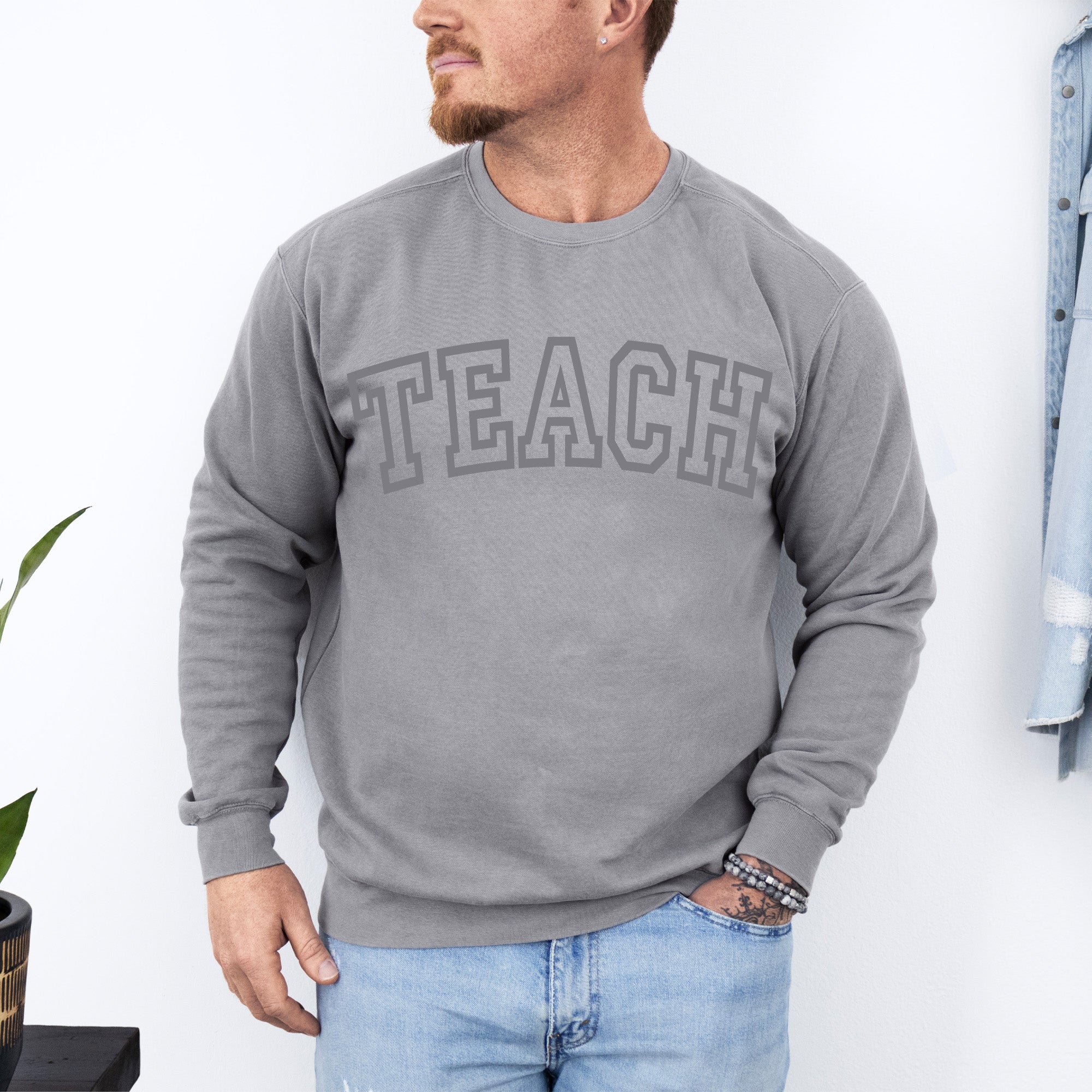 Comfort Colors minimalist teacher sweatshirt with varsity Teach design. Cute teacher appreciation gift idea. Perfect gift for teachers.