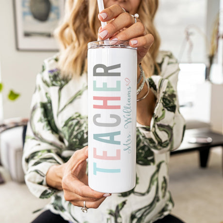 Personalized 20 oz skinny tumbler for teachers, custom name for Teacher Appreciation gift.