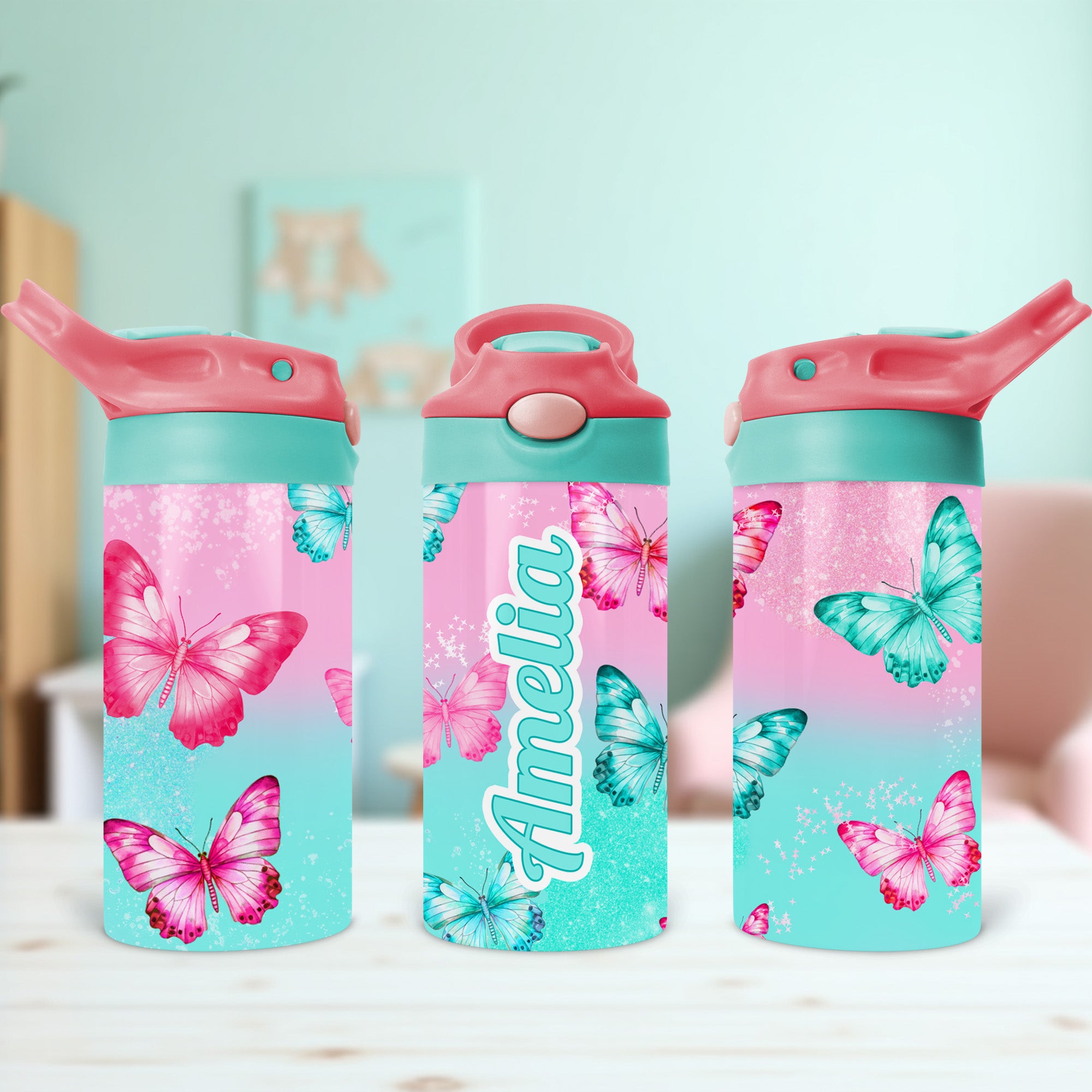 Custom name water bottle with butterfly print. Great gift idea for kids starting a new school year.