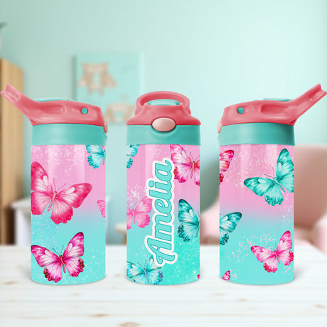 Custom name water bottle with butterfly print. Great gift idea for kids starting a new school year.