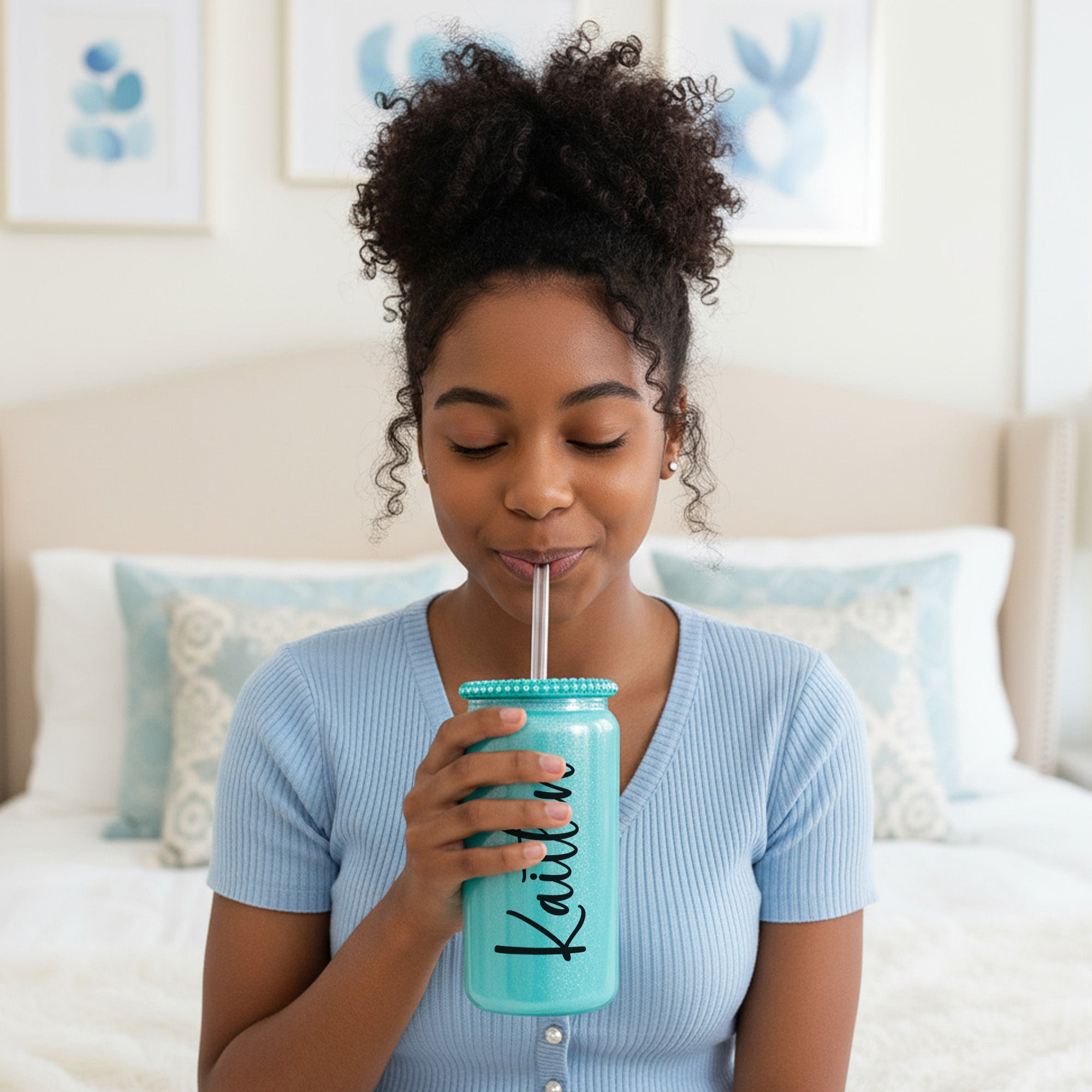 Rhinestone Glass Shimmer Cup with Straw, Custom Name, 16oz