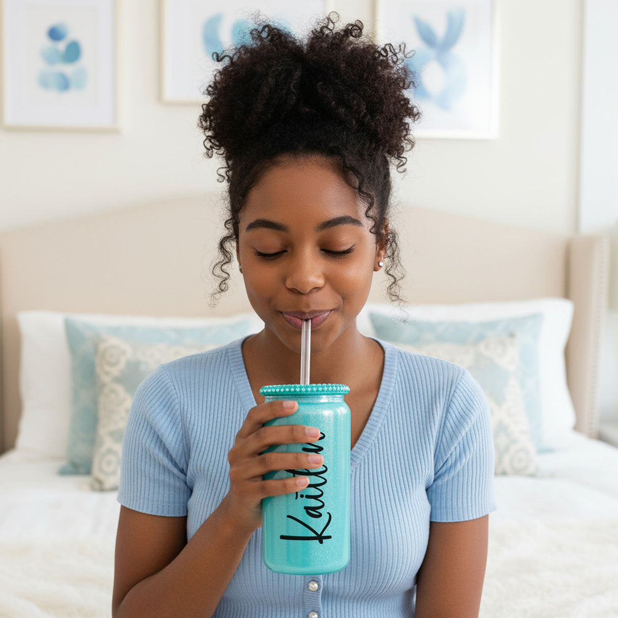 Rhinestone Glass Shimmer Cup with Straw, Custom Name, 16oz