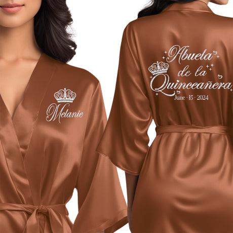 Front and back personalized satin quinceanera robes at knee length. Abuela de la quinceanera getting ready robes.