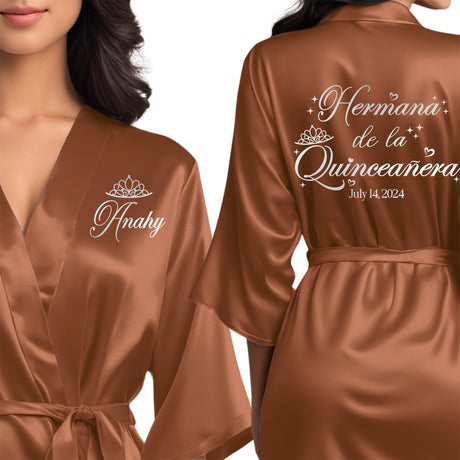 Personalized terracotta quinceanera robes with glossy silver design. Hermana de la quinceanera getting ready robes.