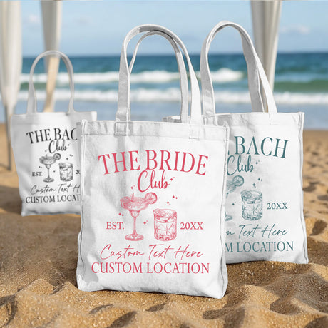 Custom bachelorette tote bag for bridesmaids, personalized bridal party gift for bride.