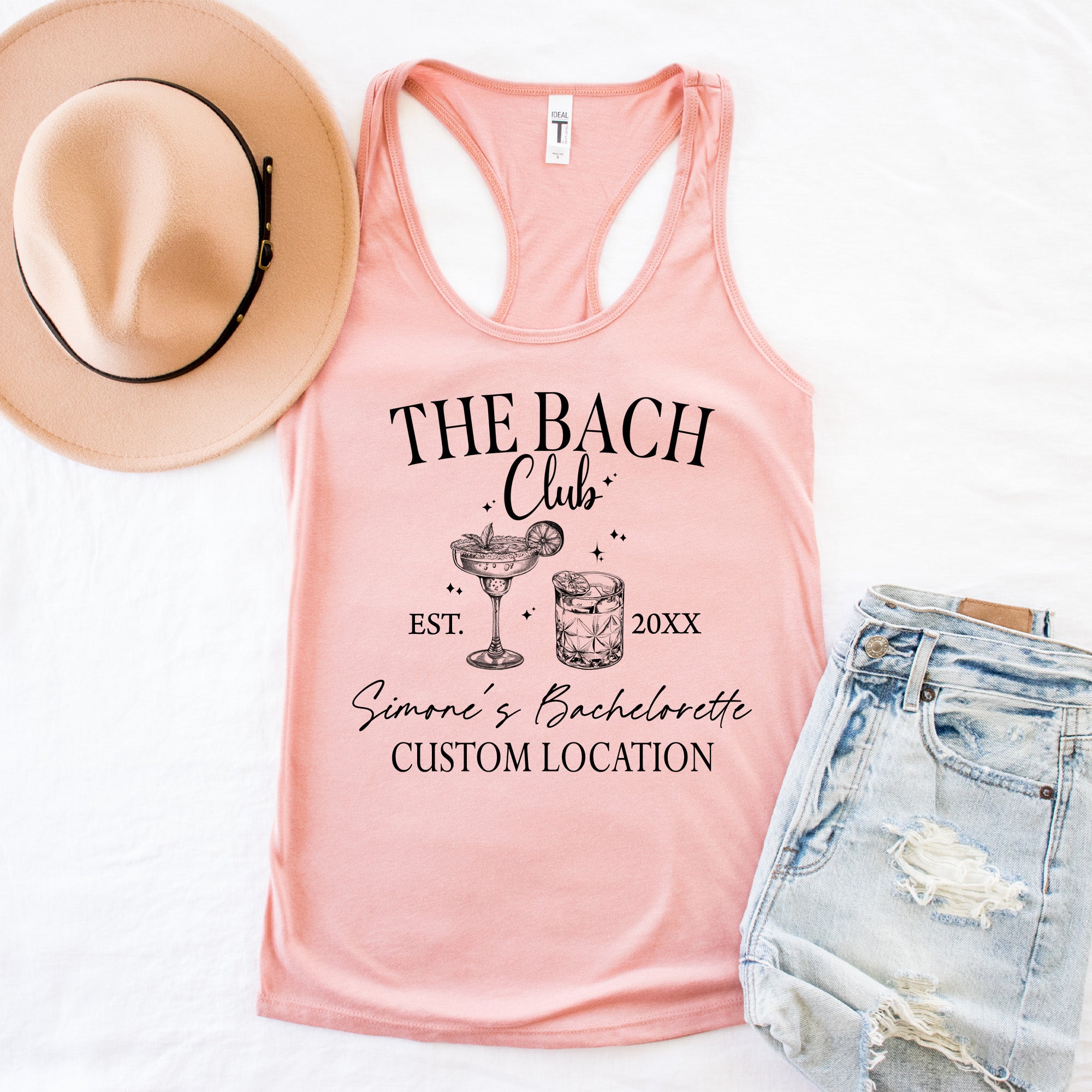 Custom bachelorette party tank tops flat lay with personalized bride and bridesmaid shirts, bridal party outfits, and matching bachelorette tanks for girls getaway.