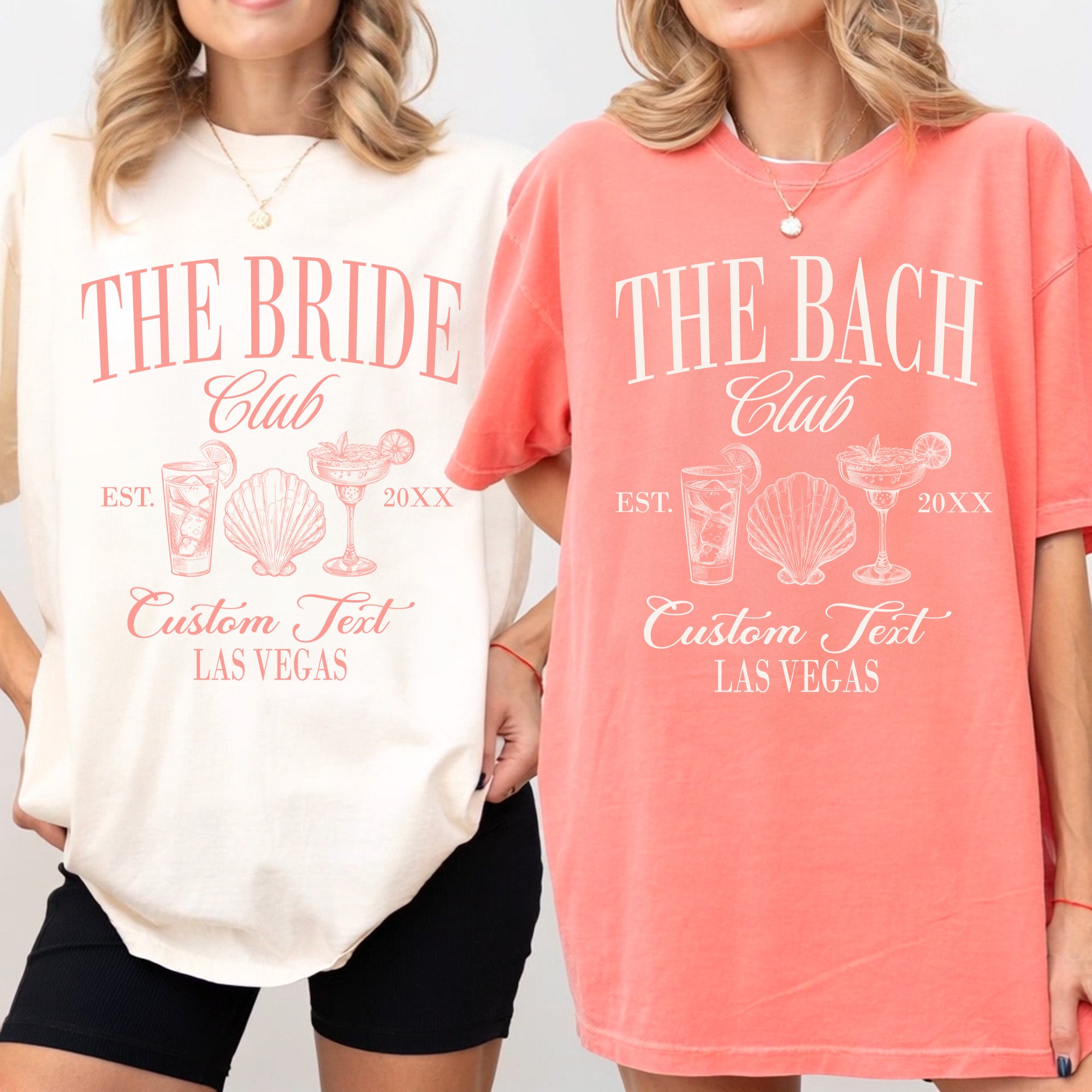 Matching bridal party shirts designed for destination bachelorette weekends, featuring The Bach Club theme on Comfort Colors tees.