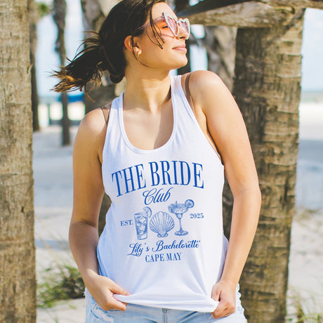 Personalized bride and The Bach Club beach party tanks, ideal custom gifts for bachelorette weekends and bridal party celebrations.