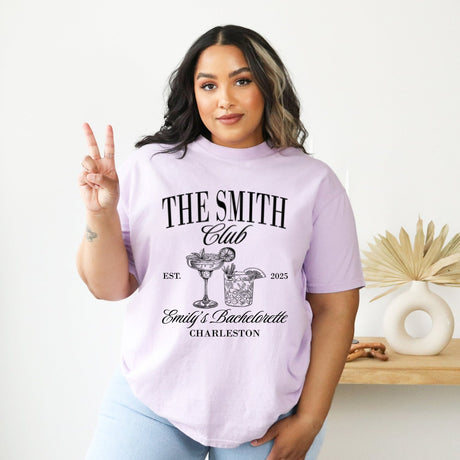 Comfort Colors custom bridal party shirts with last names, great gift for bride to be and matching look for entire wedding squad.