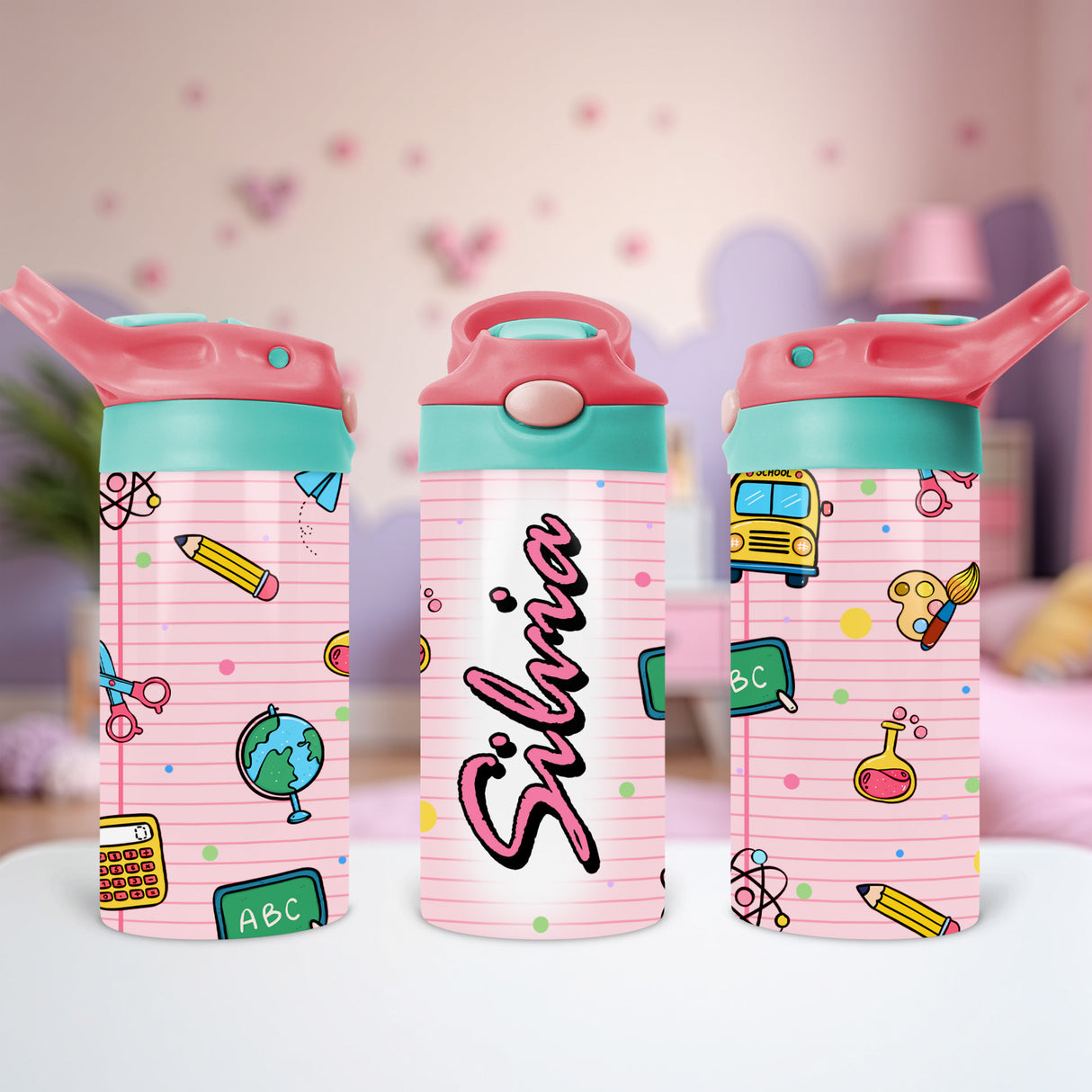 Personalized school water bottle for kids with name printed for preschool elementary and middle school students.