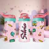 Personalized school water bottle for kids with name printed for preschool elementary and middle school students.
