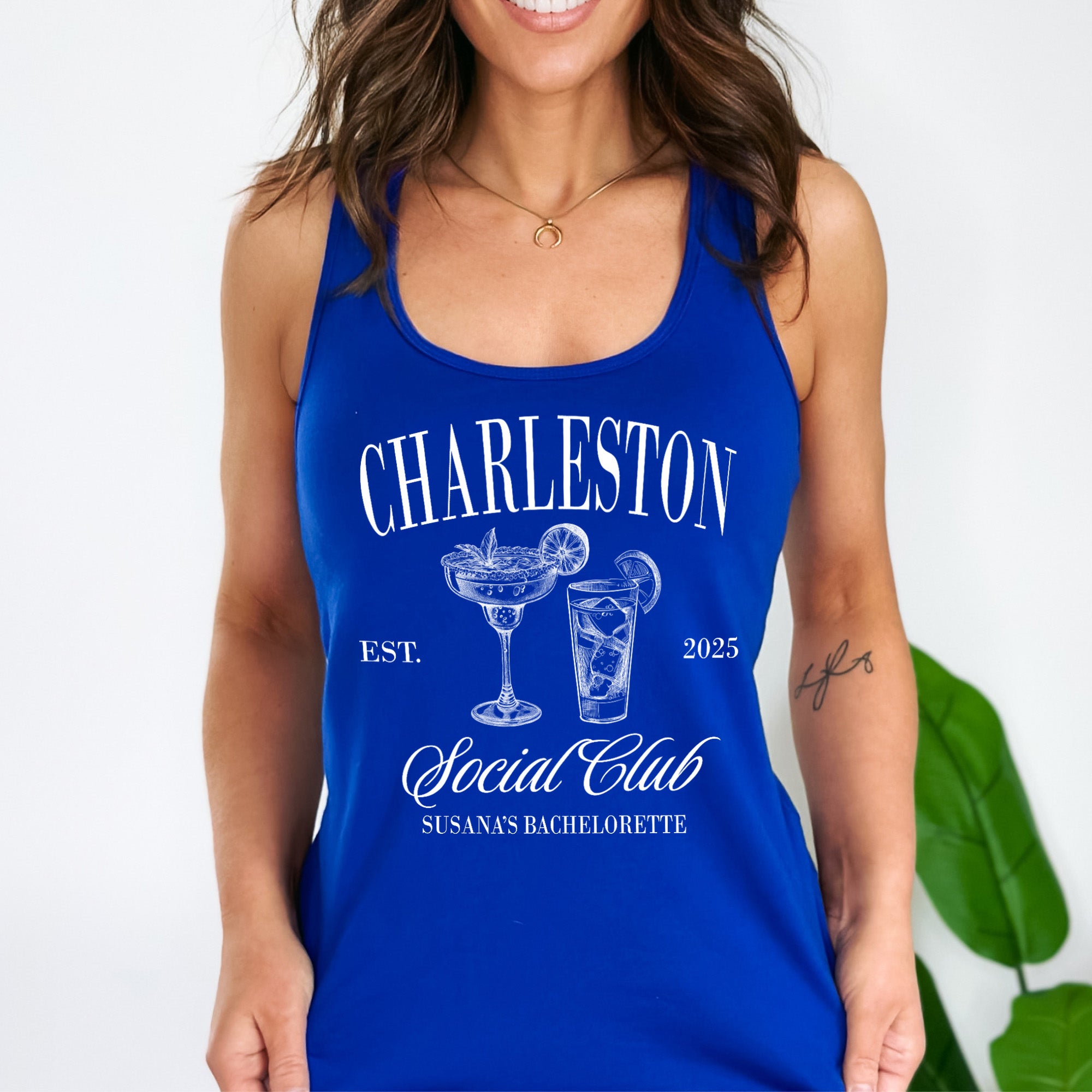 Personalized bride and bridesmaid tank tops, perfect for bachelorette trip outfits and unique gifts for bridal party boxes or bride gift bags.