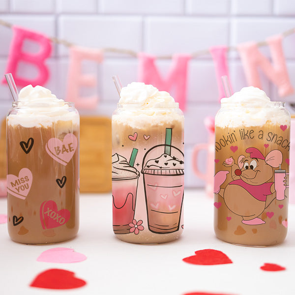 Cute and Humorous Valentines Day Glass Iced Coffee Tumblers in Multiple Designs