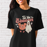 Tis the Season Halloween Crewneck TShirt for teens and adults.  Featuring a cute halloween pumpkin and peace ghosts. all SKUs