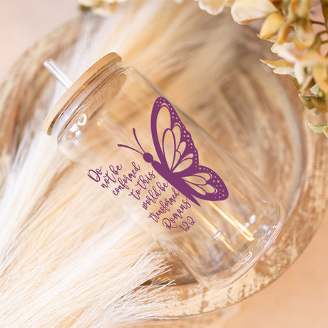 Christian Gift for Her with Romans 12 2 Bible Verse Printed on the Front with Partial Butterfly - 16oz Glass Coffee Tumbler