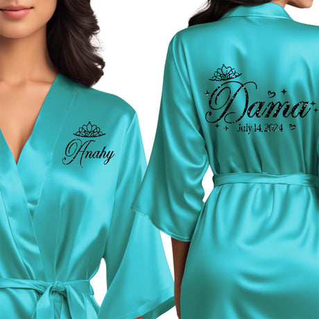 Turquoise blue quinceanera robes for damas. Beautiful satin turquoise blue robes with black glitter.