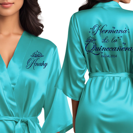 Personalized turquoise blue quinceanera robes with blue glitter. Hermana de la quinceanera getting ready robes.