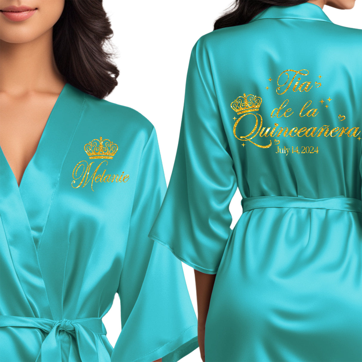 Beautiful turquoise blue quinceanera robes. Personalized satin robes for tia de la quinceanera. 