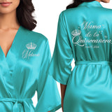 Personalized satin mama de la quinceanera robes. Turquoise blue quince robes with silver glitter. 