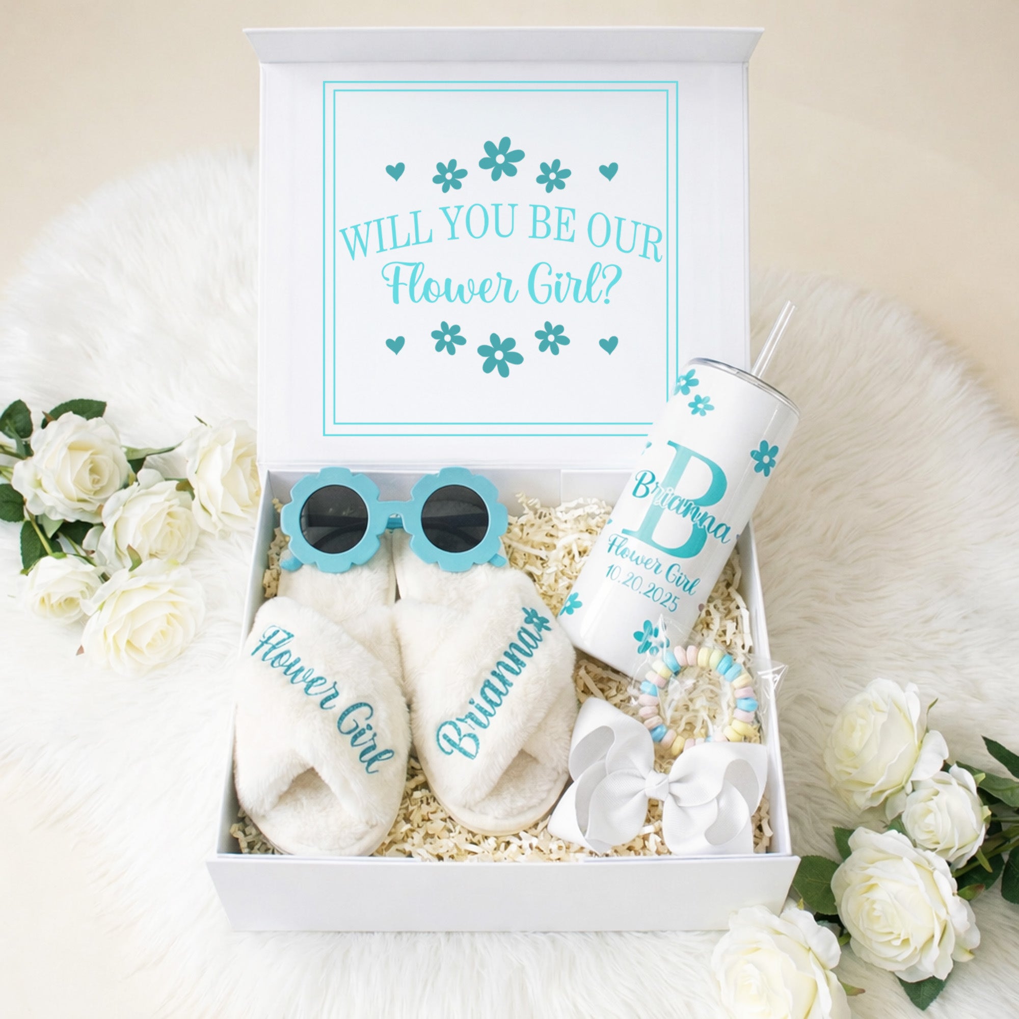 Sweet Pea Flower Girl Proposal Box with Fluffy Slippers & Tumbler