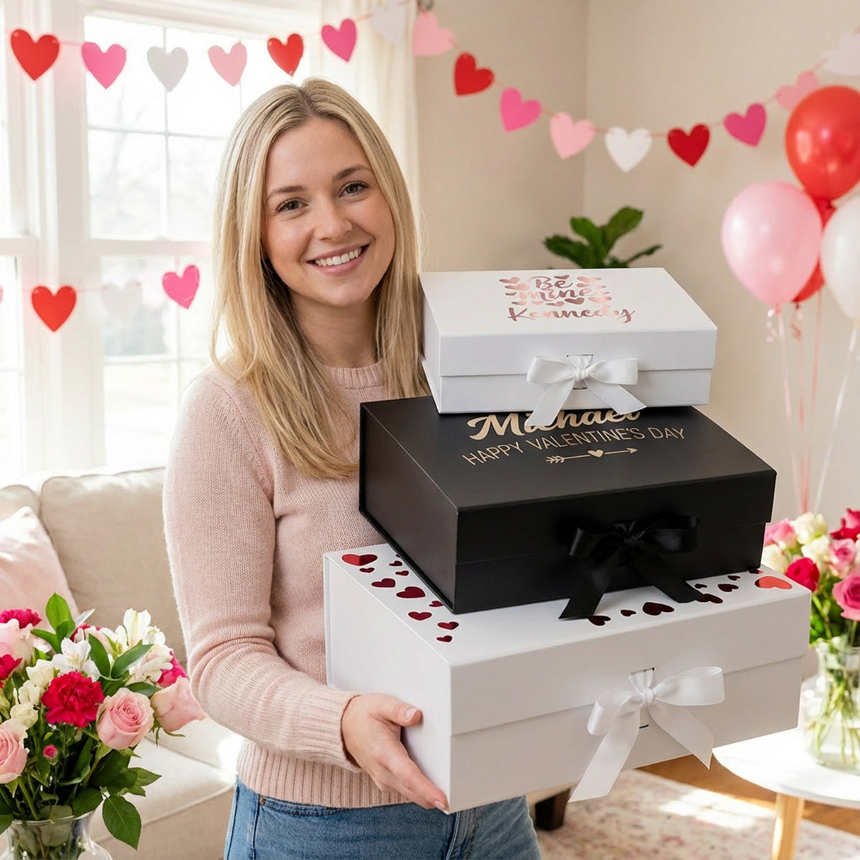 Multi Design Personalized Empty Valentine's Gift Box w Magnetic Lid, Bow and Crinkle Paper