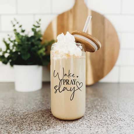 Cute and simple clear iced coffee tumbler with the words wake, pray, slay.