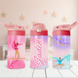 Gymnastics water bottle for kids with custom name, ideal for keeping your child’s drinkware labeled during school and practice.