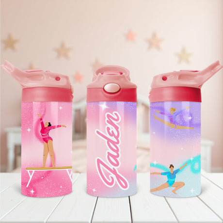 Gymnastics water bottle for kids with custom name, ideal for keeping your child’s drinkware labeled during school and practice.