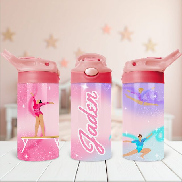 Gymnastics water bottle for kids with custom name, ideal for keeping your child’s drinkware labeled during school and practice.