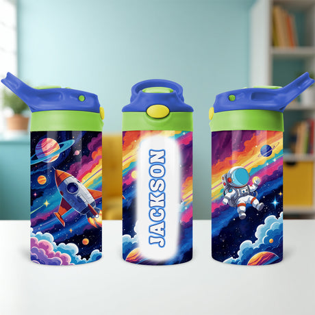 Kids custom water bottle with space rockets and planets, ideal for back to school gifts.
