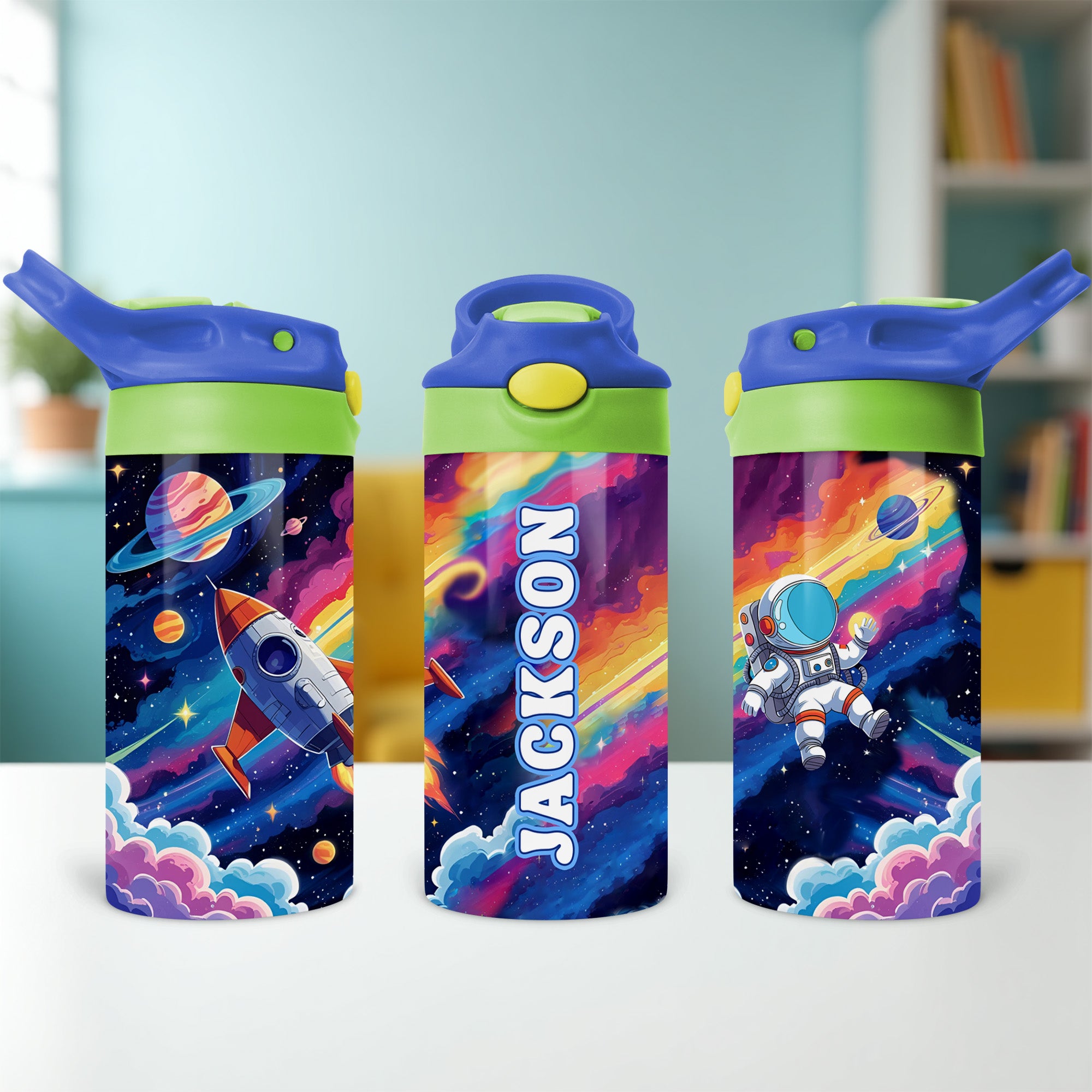 Kids custom water bottle with space rockets and planets, ideal for back to school gifts.