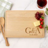 Simple initials personalized cutting board gifts for couples in the maple color. Great custom wedding gift and anniversary presents. 