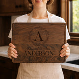 Dark walnut personalized cutting board gift.