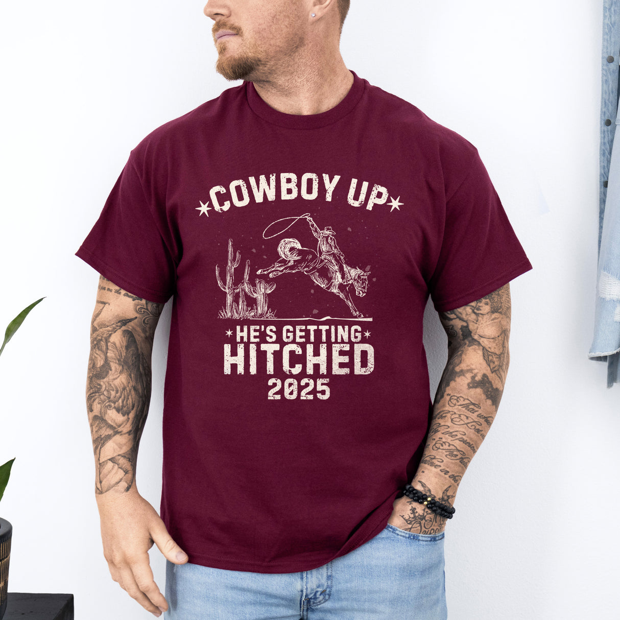 Personalized bachelor party shirt featuring western Cowboy Up theme, perfect custom casual apparel for wedding parties and bachelor weekends.