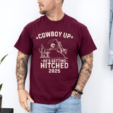 Personalized bachelor party shirt featuring western Cowboy Up theme, perfect custom casual apparel for wedding parties and bachelor weekends.