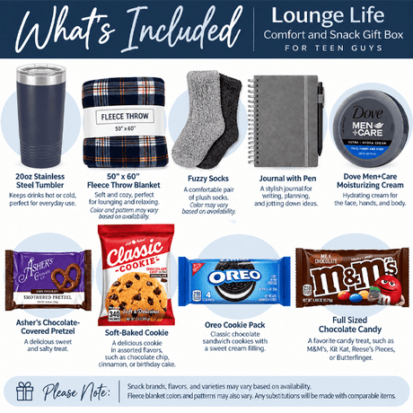 Lounge Life Comfort and Snack Gift Box for Teen Guys - Gifts Are Blue