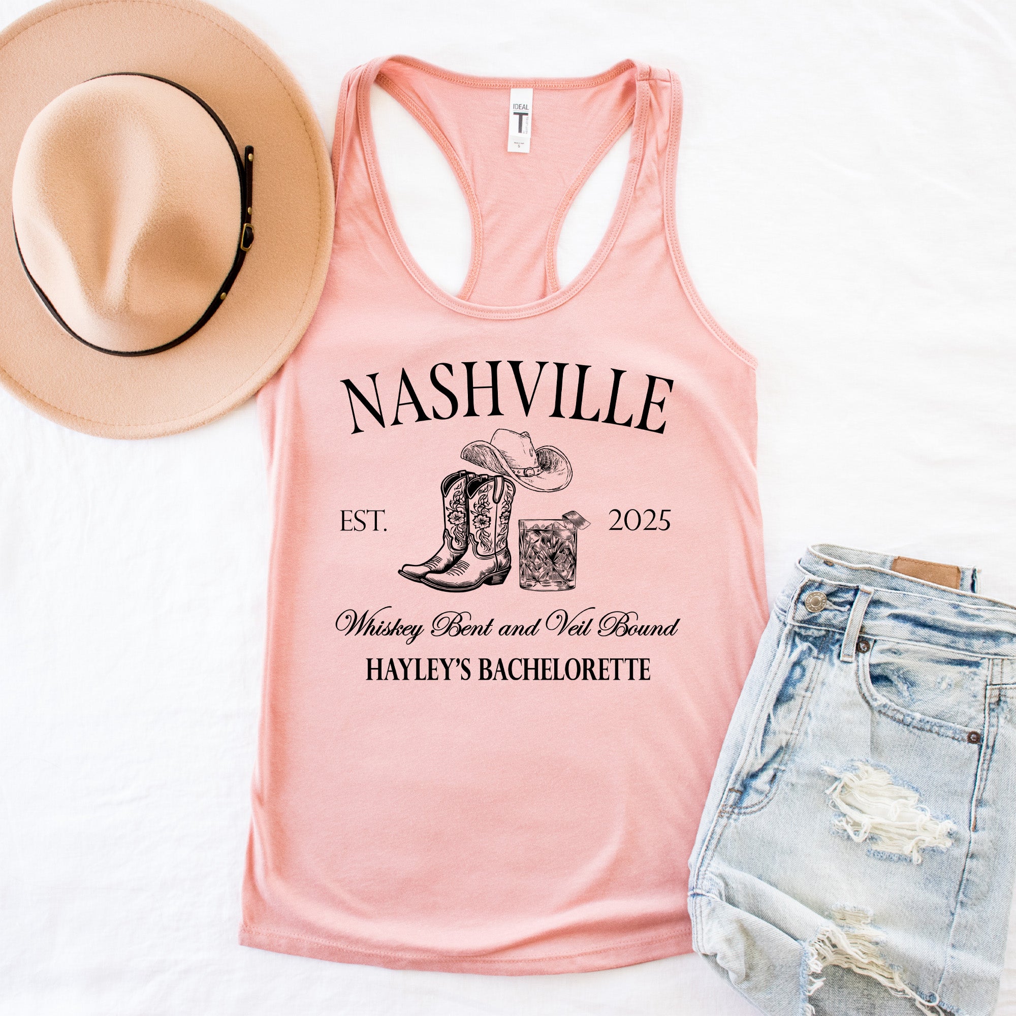 Personalized Nashville bachelorette shirt with bold Western font, styled with denim shorts and boots for a country bride look.