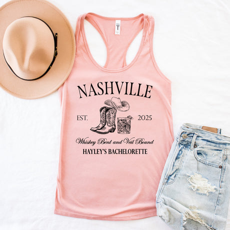 Personalized Nashville bachelorette shirt with bold Western font, styled with denim shorts and boots for a country bride look.