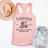 Personalized Nashville bachelorette shirt with bold Western font, styled with denim shorts and boots for a country bride look.