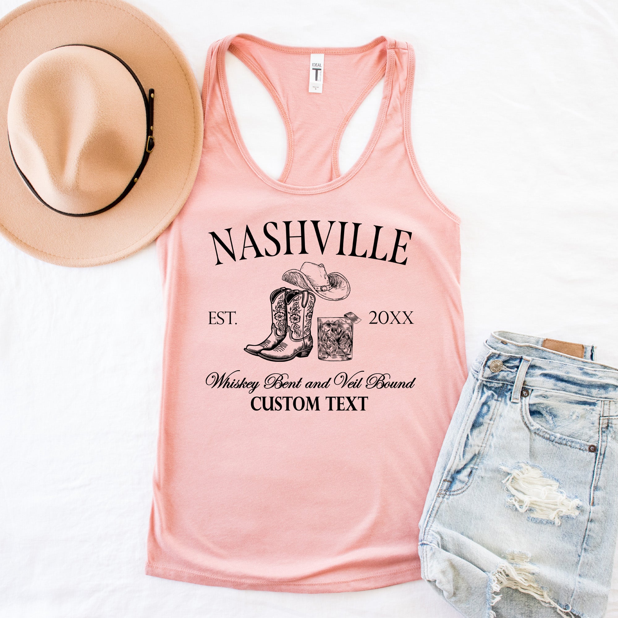 Personalized Nashville bachelorette shirt with bold Western font, styled with denim shorts and boots for a country bride look.