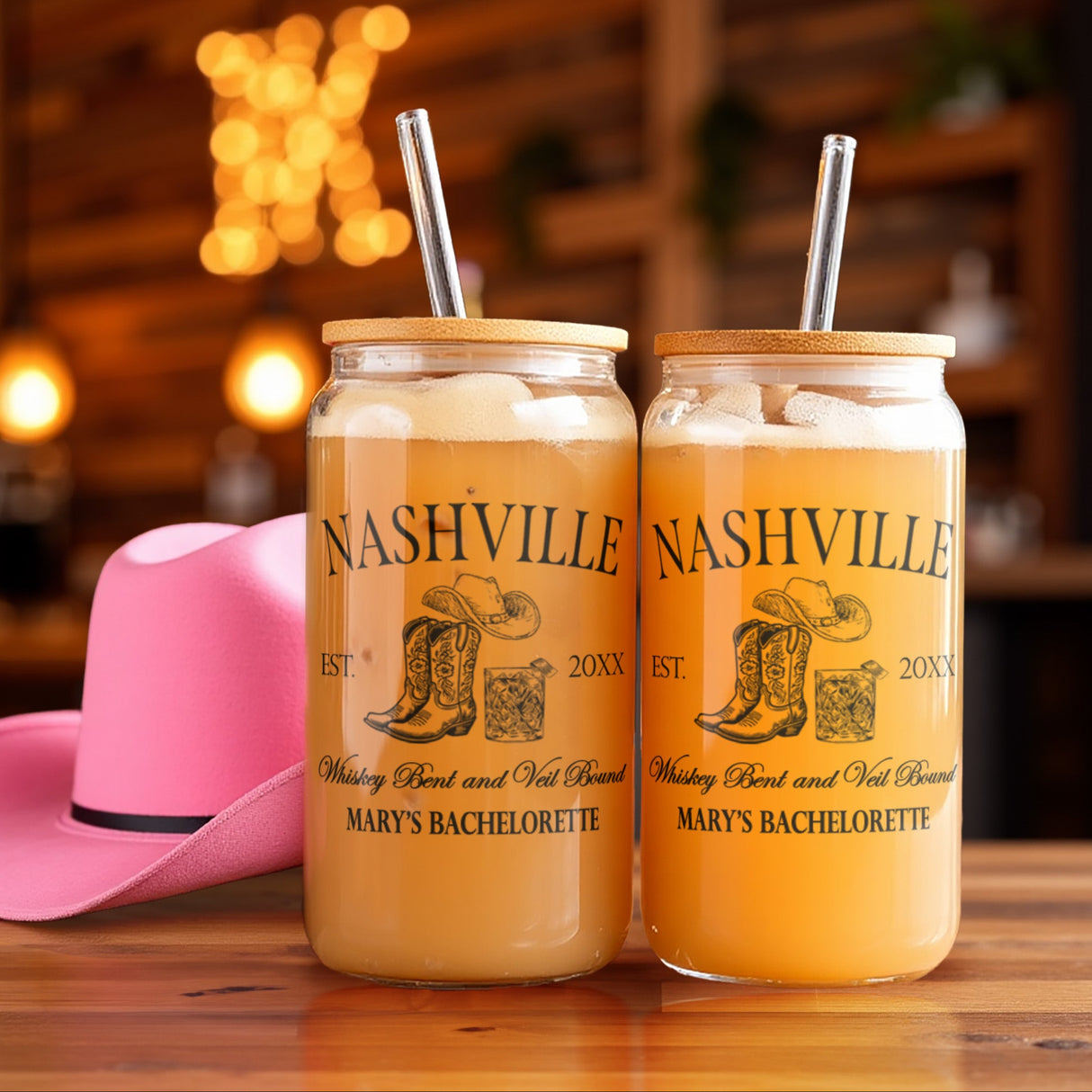 Personalized bachelorette iced coffee glass can with custom name, perfect for country bride tumblers and Western bridal party gifts.