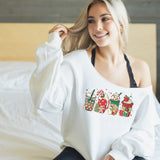 White cute Christmas Sweatshirt for girls. Off the shoulder sweatshirt.