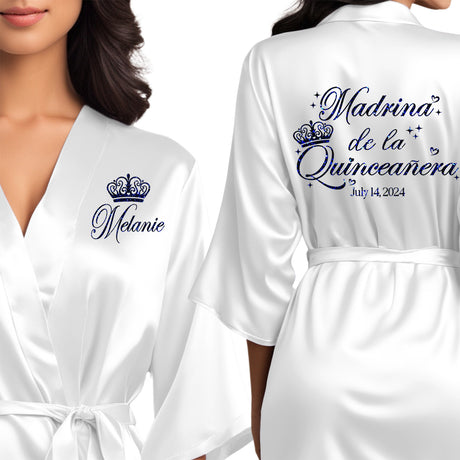 Satin white quince robes with blue glitter. Madrina de la quinceanera getting ready robes.