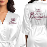 Beautiful white quinceanera robes. Personalized satin robes for tia de la quinceanera. 