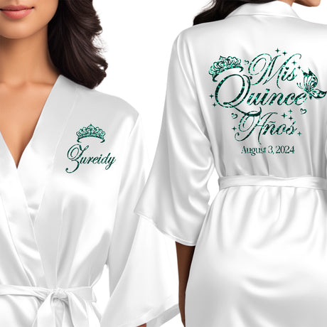 Personalized elegant white satin quinceanera robes. The perfect getting ready mis quince anos robes with emerlad green glitter. Great quinceanera gifts.